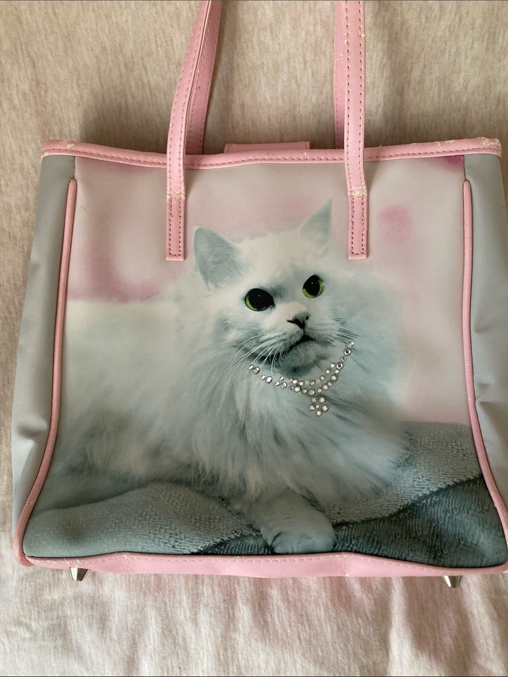 Vintage Y2K LIFE White Persian Cat Tote Bag Pink Rhinestone Kitty Purse